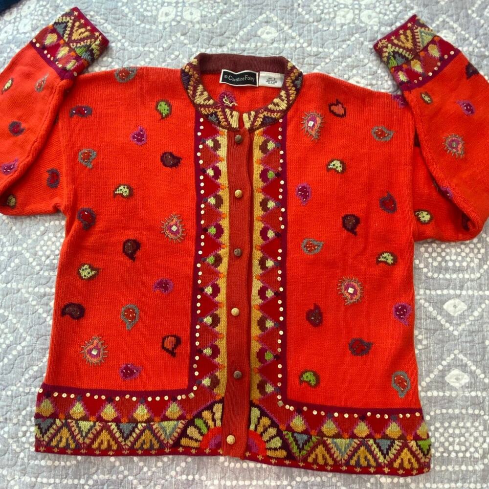 Vintage Christine Foley Sweater Women's Cardigan Bold Red Embellished Size 2(M) - Picture 6 of 10